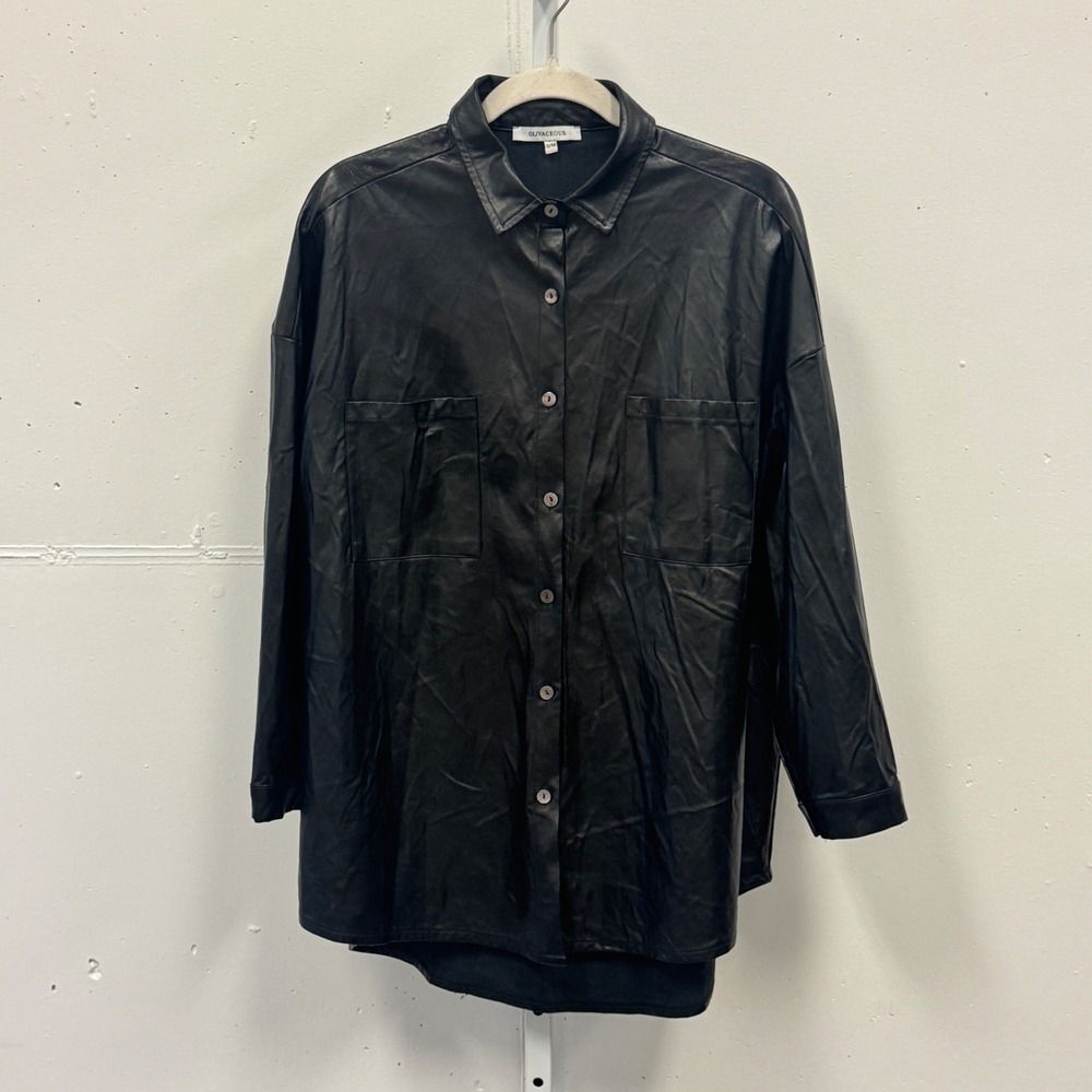 Olivaceous Black Faux Leather Button Down Shirt Shacket S/M Fall Monochrome